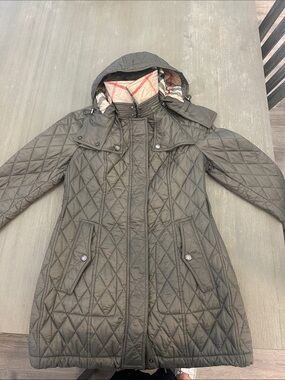 Burberry Quilted Hooded Long Coat in Olive Green